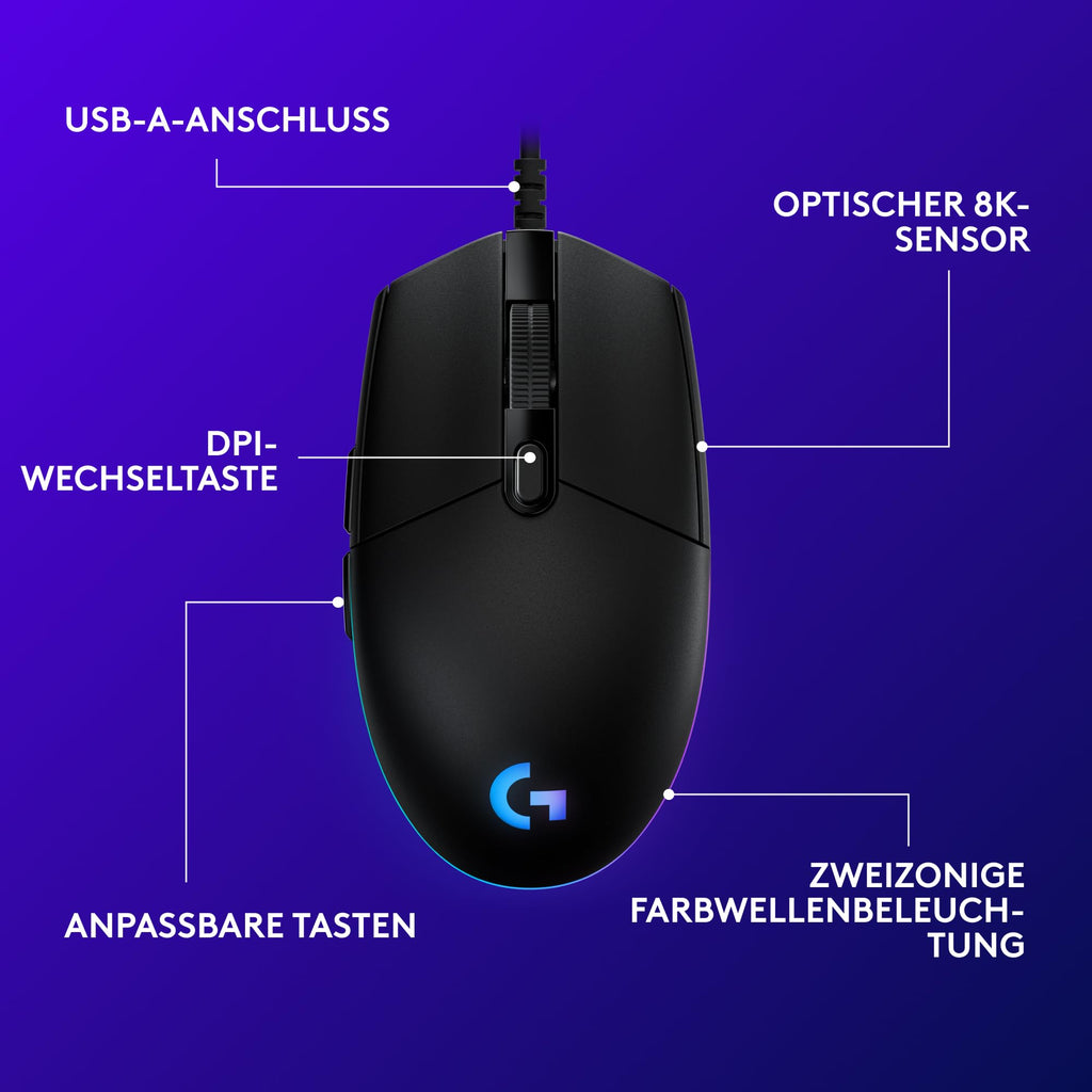 Logitech G203 Gaming-Maus mit anpassbarer LIGHTSYNC RGB-Beleuchtung, 6 programmierbare Tasten, spieletauglicher Sensor, Abtastung mit 8.000 DPI, Geringes Gewicht - Schwarz