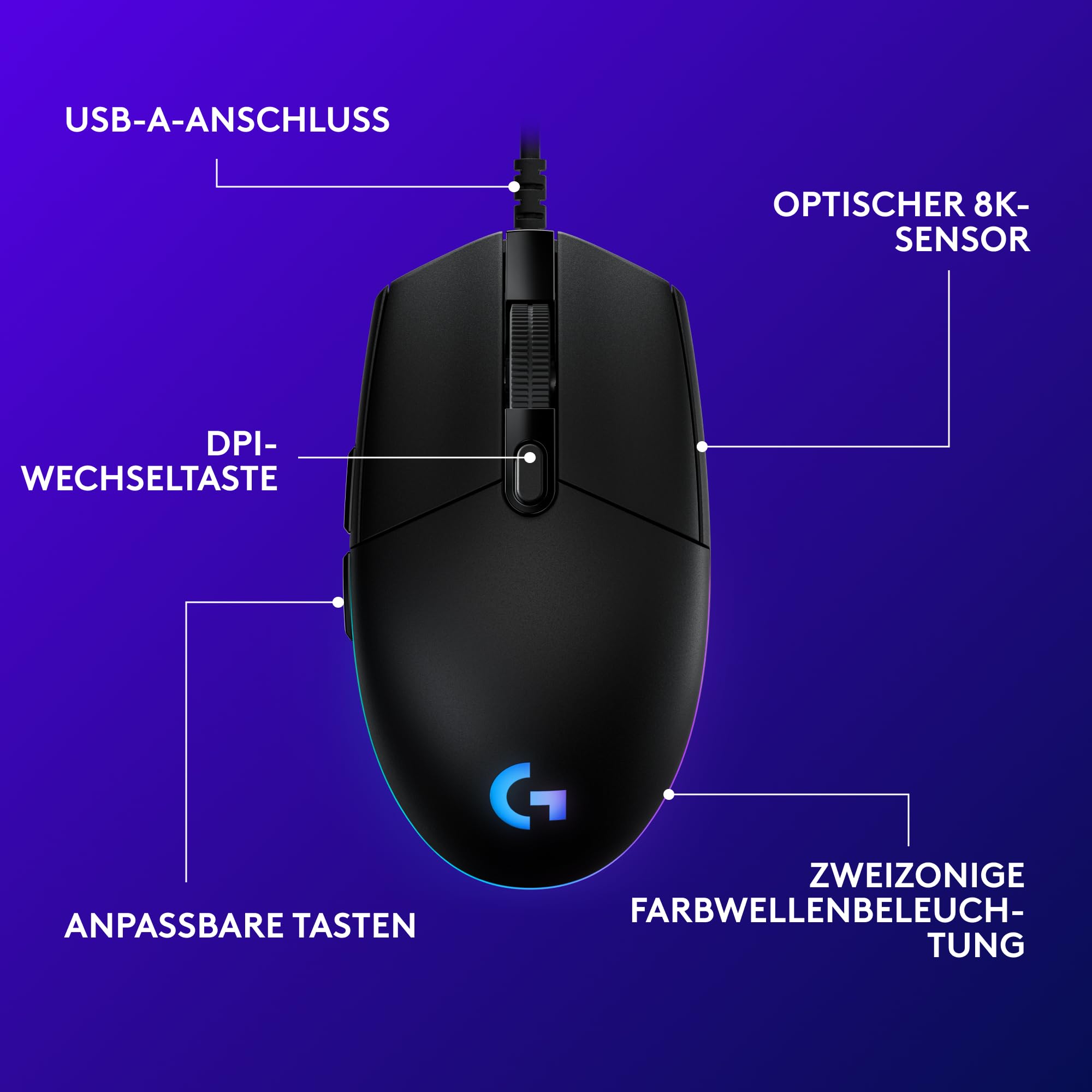 Logitech G203 Gaming-Maus mit anpassbarer LIGHTSYNC RGB-Beleuchtung, 6 programmierbare Tasten, spieletauglicher Sensor, Abtastung mit 8.000 DPI, Geringes Gewicht - Schwarz