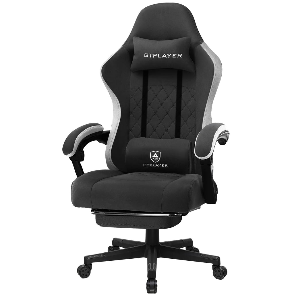 GTPLAYER Gaming Stuhl Ergonomischer Gaming Sessel Schreibtischstuhl mit Stoffoberfläche, Federsitzkissen, Verbindungsarmlehnen und Fußstütze 150KG, hellschwarz
