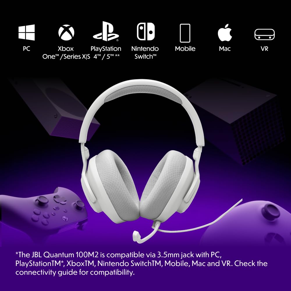 JBL Quantum 100M2 Kabelgebundenes Over-Ear Gaming Headset mit JBL QuantumSOUND Signature, 3,5-mm-Klinke, Multi-Plattform-Kompatibilität und abnehmbarem Mikrofon mit Stummschaltungsoption, Weiß