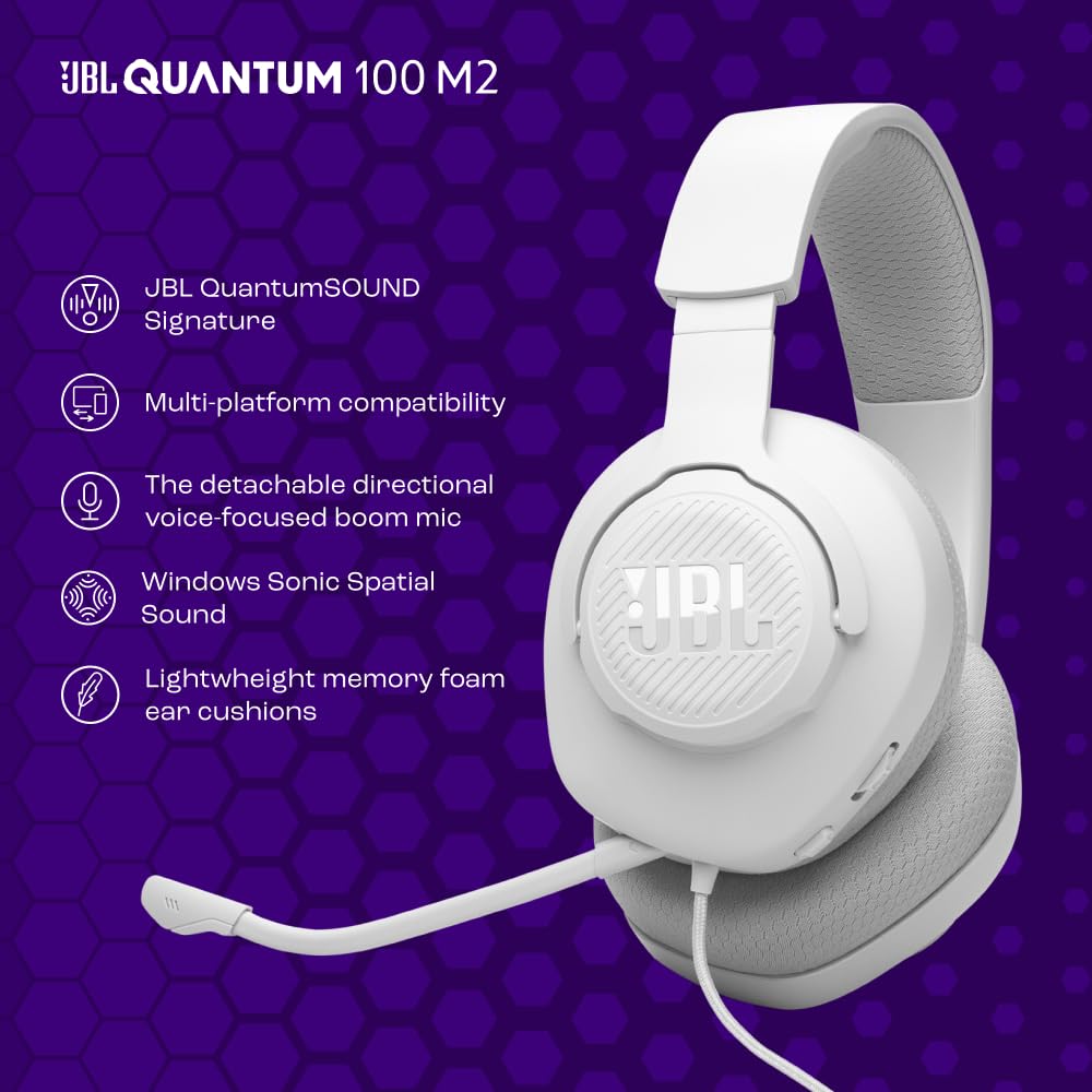 JBL Quantum 100M2 Kabelgebundenes Over-Ear Gaming Headset mit JBL QuantumSOUND Signature, 3,5-mm-Klinke, Multi-Plattform-Kompatibilität und abnehmbarem Mikrofon mit Stummschaltungsoption, Weiß