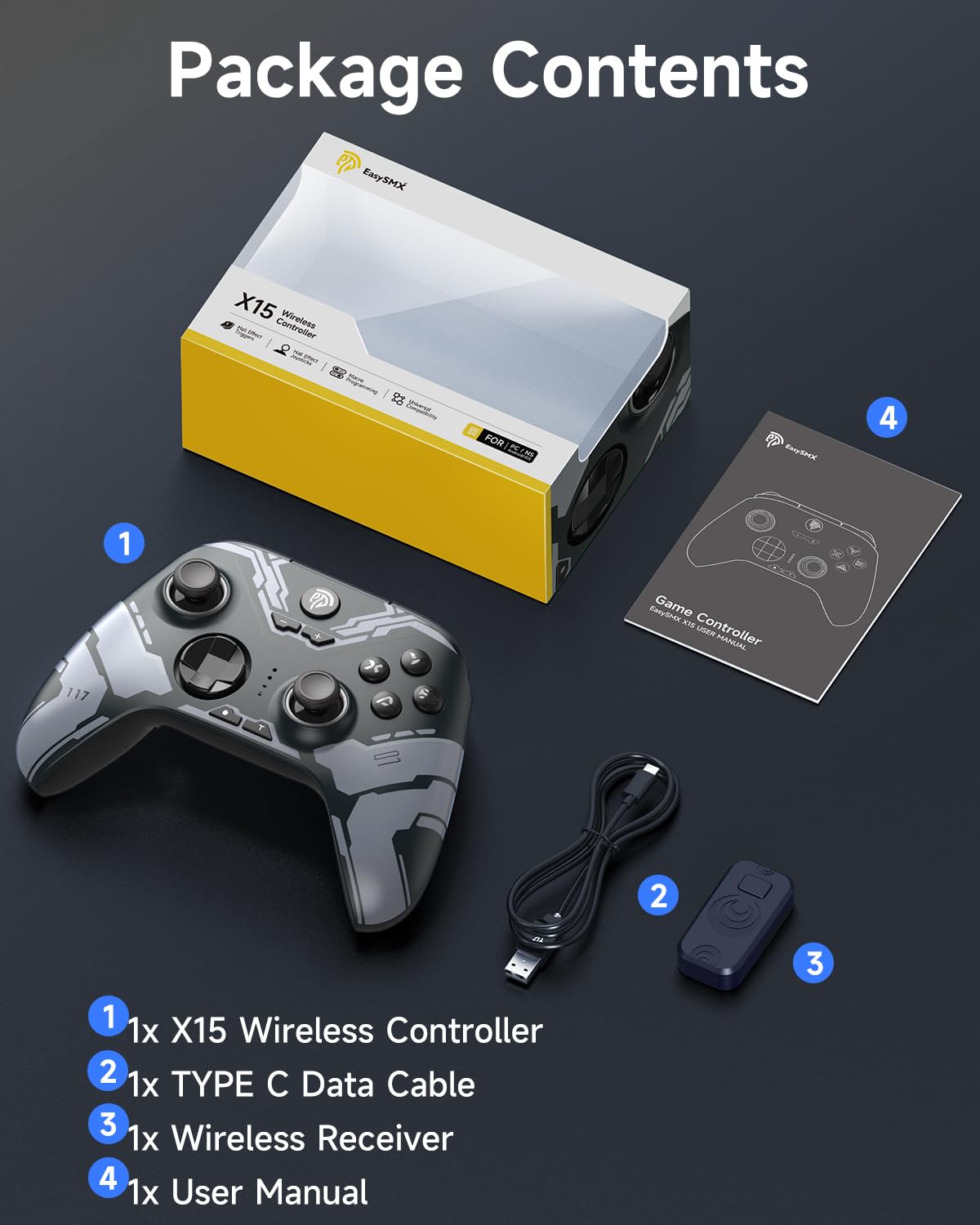 EasySMX X15 PC Controller Wireless mit 7 RGB Licht, Gaming Controller mit Hall Joystick & Trigger, Bluetooth Kompatibel mit PC/Switch/Handy/Tablet - Schwarz