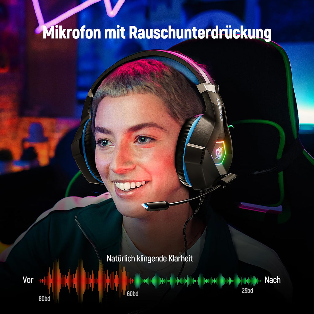 Ozeino Gaming Headset for Xbox Ps4 Ps5 PC, Ps4 Headset with Microphone 3D Surround Sound Headphones Noise Cancelling RGB Lights