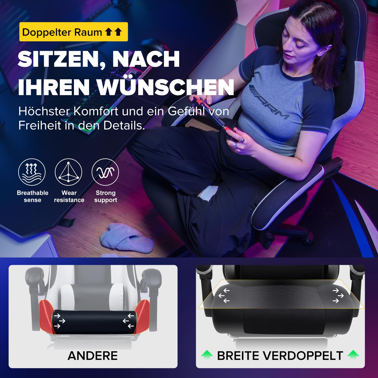 GTPLAYER Gaming Stuhl Ergonomischer Gaming Sessel Schreibtischstuhl mit Stoffoberfläche, Federsitzkissen, Verbindungsarmlehnen und Fußstütze 150KG, hellschwarz