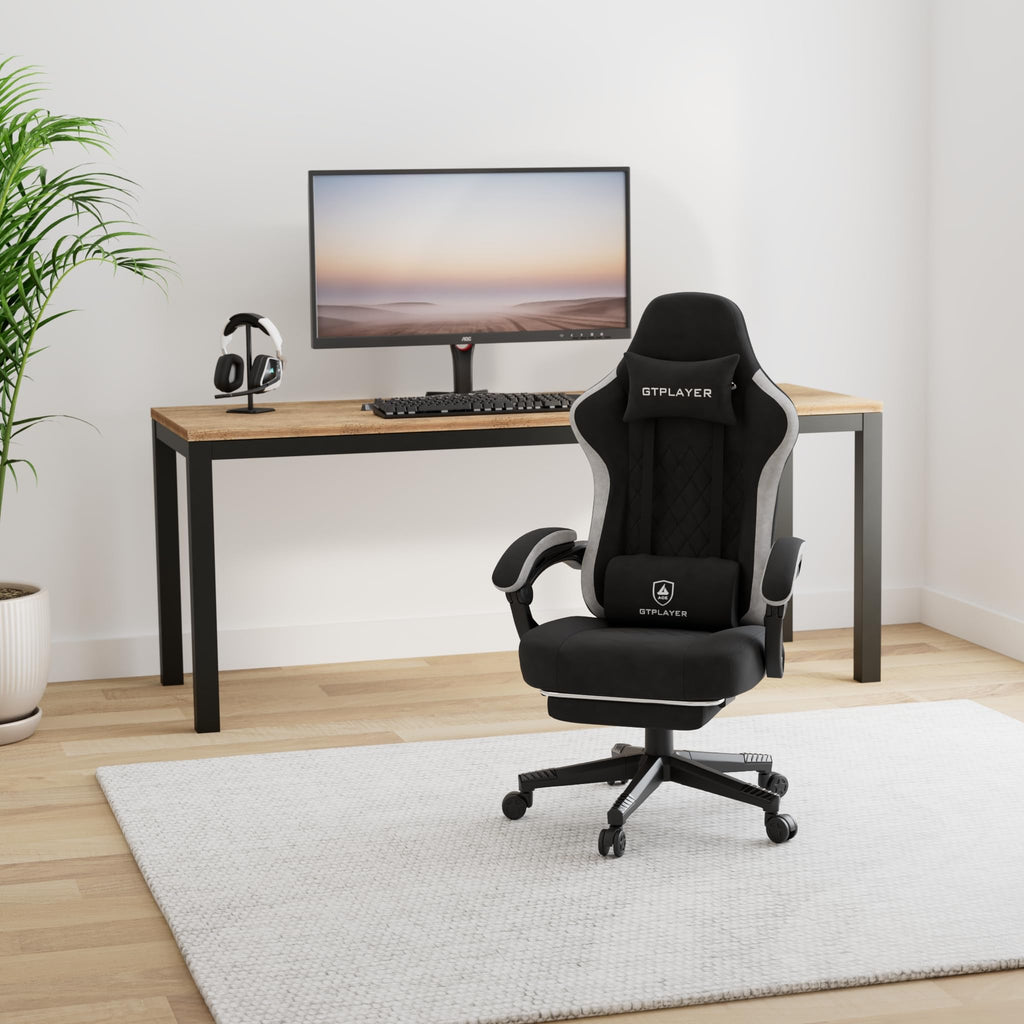 GTPLAYER Gaming Stuhl Ergonomischer Gaming Sessel Schreibtischstuhl mit Stoffoberfläche, Federsitzkissen, Verbindungsarmlehnen und Fußstütze 150KG, hellschwarz