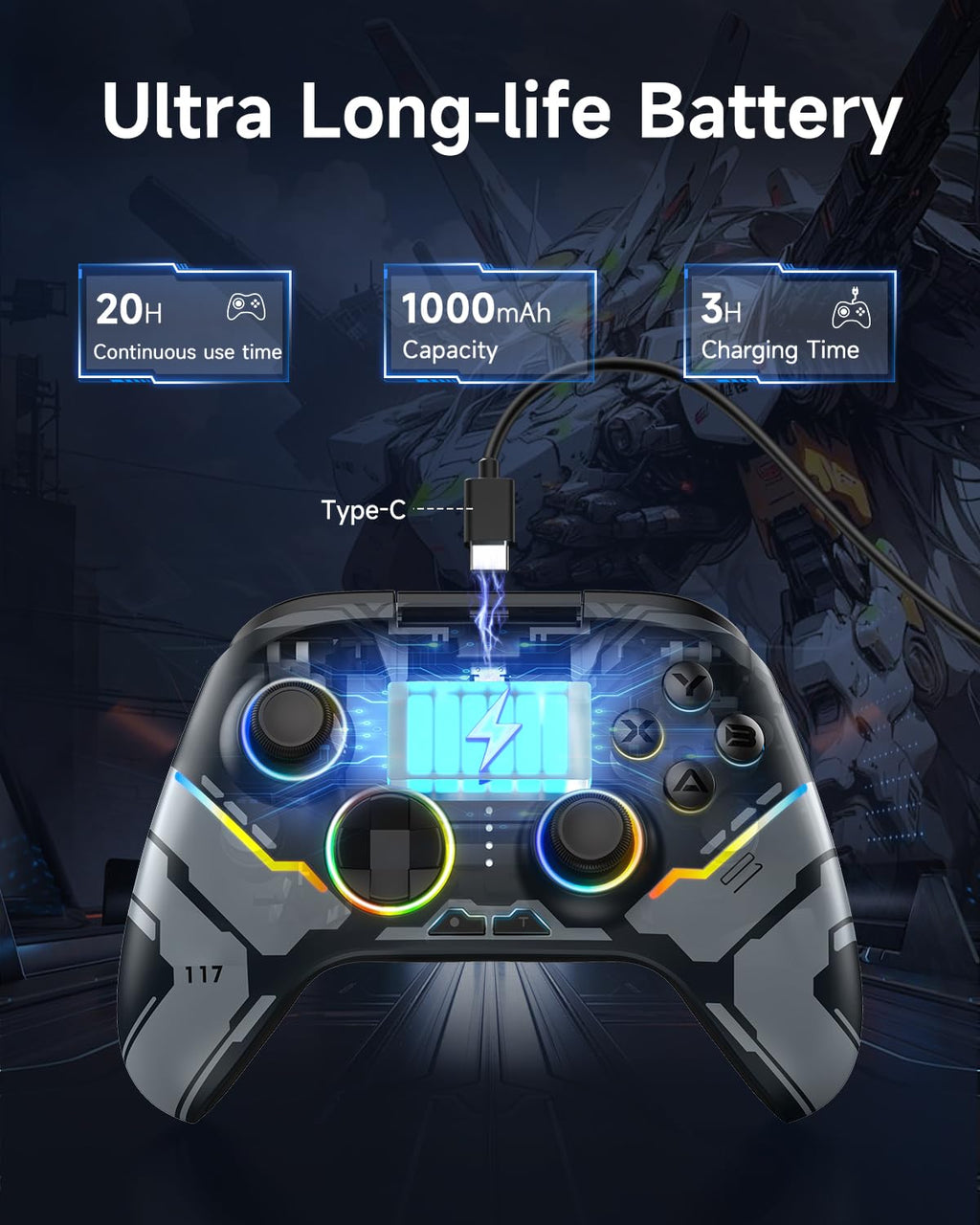 EasySMX X15 PC Controller Wireless mit 7 RGB Licht, Gaming Controller mit Hall Joystick & Trigger, Bluetooth Kompatibel mit PC/Switch/Handy/Tablet - Schwarz