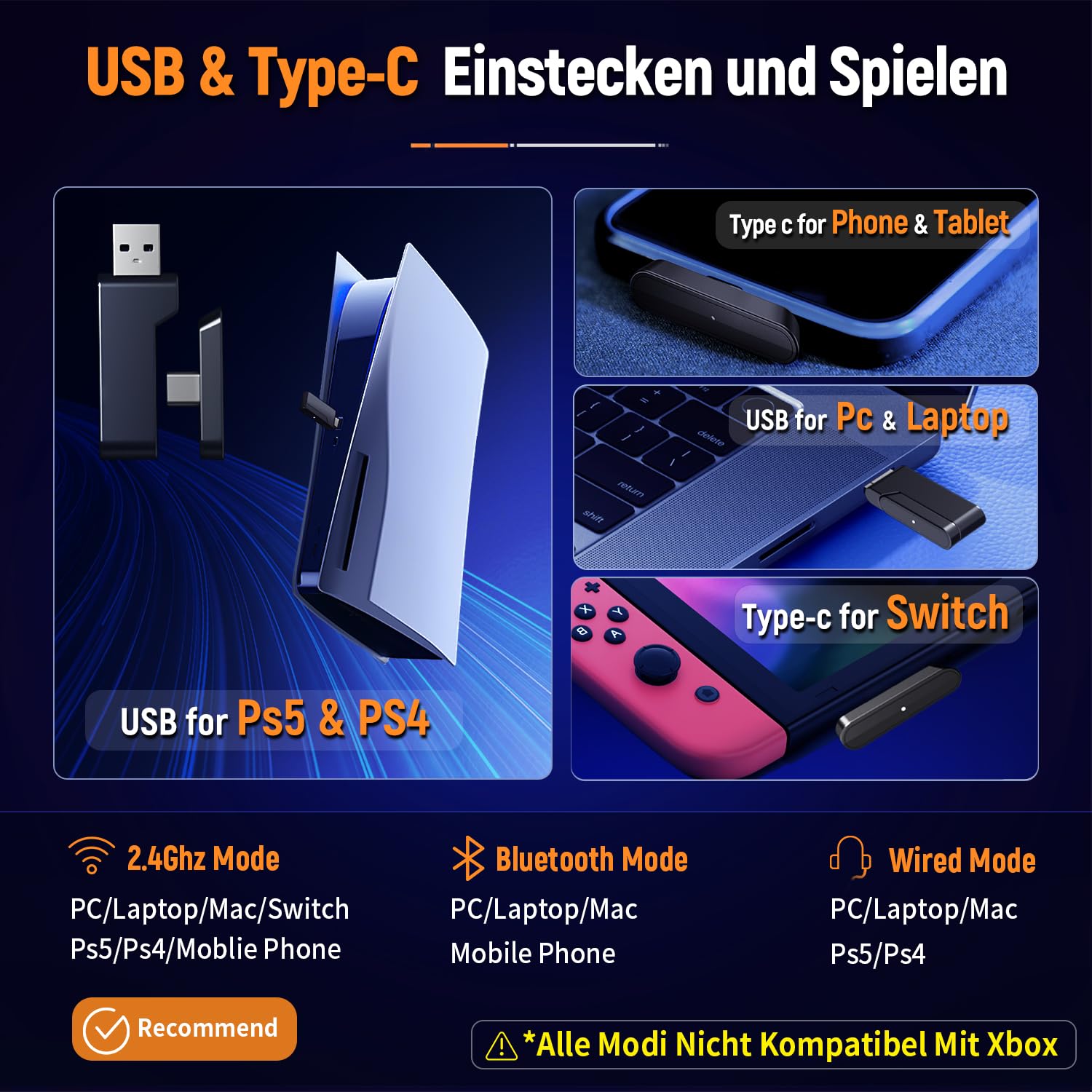 Ozeino OW810 Gaming Headset 40h Akku & Spielen beim Laden, 2.4GHz+BT(≤30ms), 7.1 Surround Sound Wireless Headset Mit Mikrofon für FIFA/CS:GO/Streaming, Kompatibel für PS5/PS4/Switch/Mac, Kristallweiß