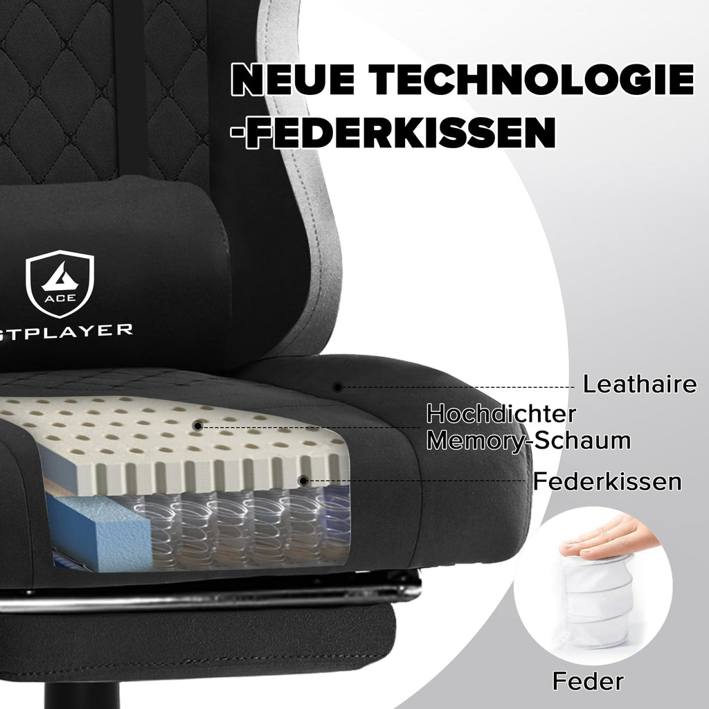 GTPLAYER Gaming Stuhl Ergonomischer Gaming Sessel Schreibtischstuhl mit Stoffoberfläche, Federsitzkissen, Verbindungsarmlehnen und Fußstütze 150KG, hellschwarz