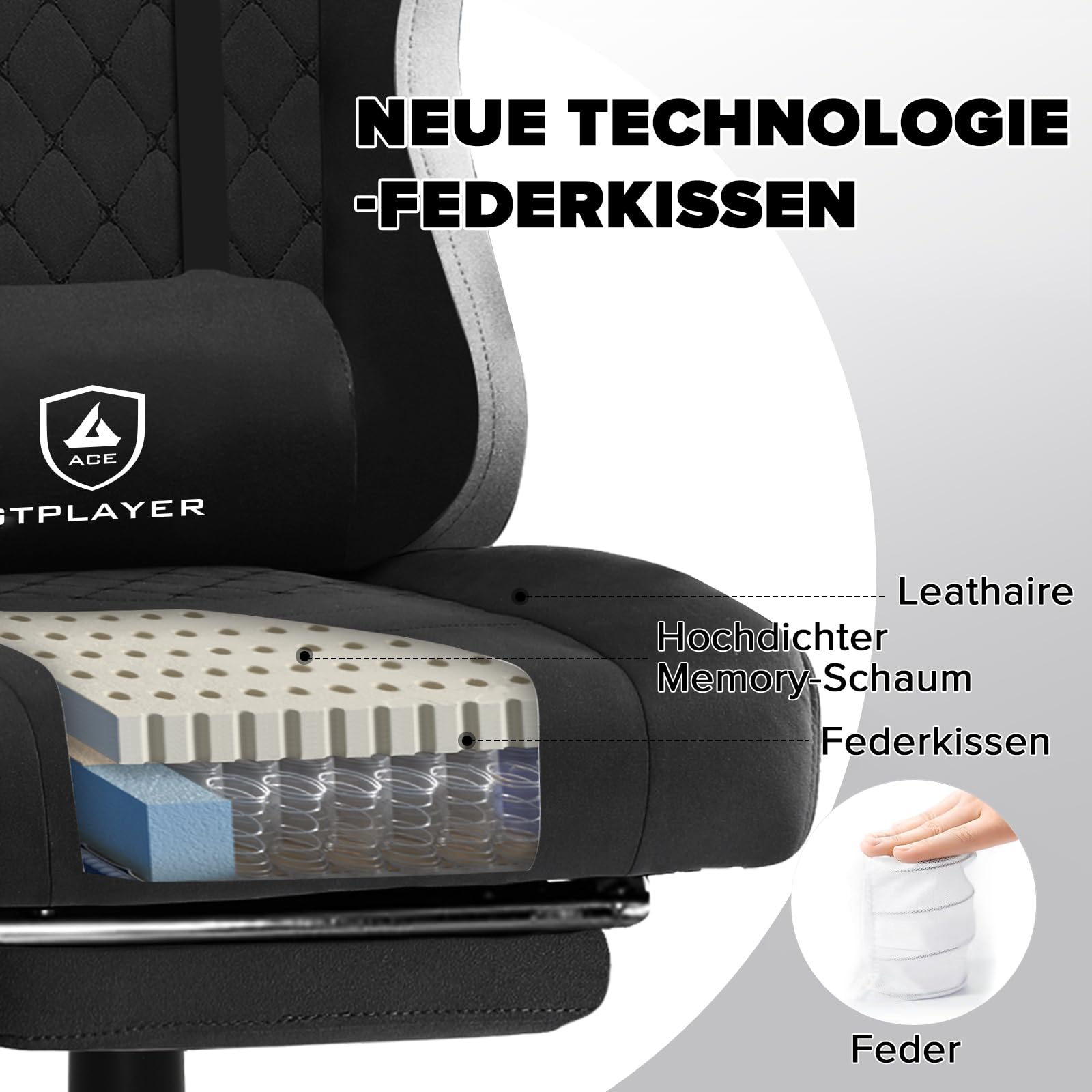 GTPLAYER Gaming Stuhl Ergonomischer Gaming Sessel Schreibtischstuhl mit Stoffoberfläche, Federsitzkissen, Verbindungsarmlehnen und Fußstütze 150KG, hellschwarz