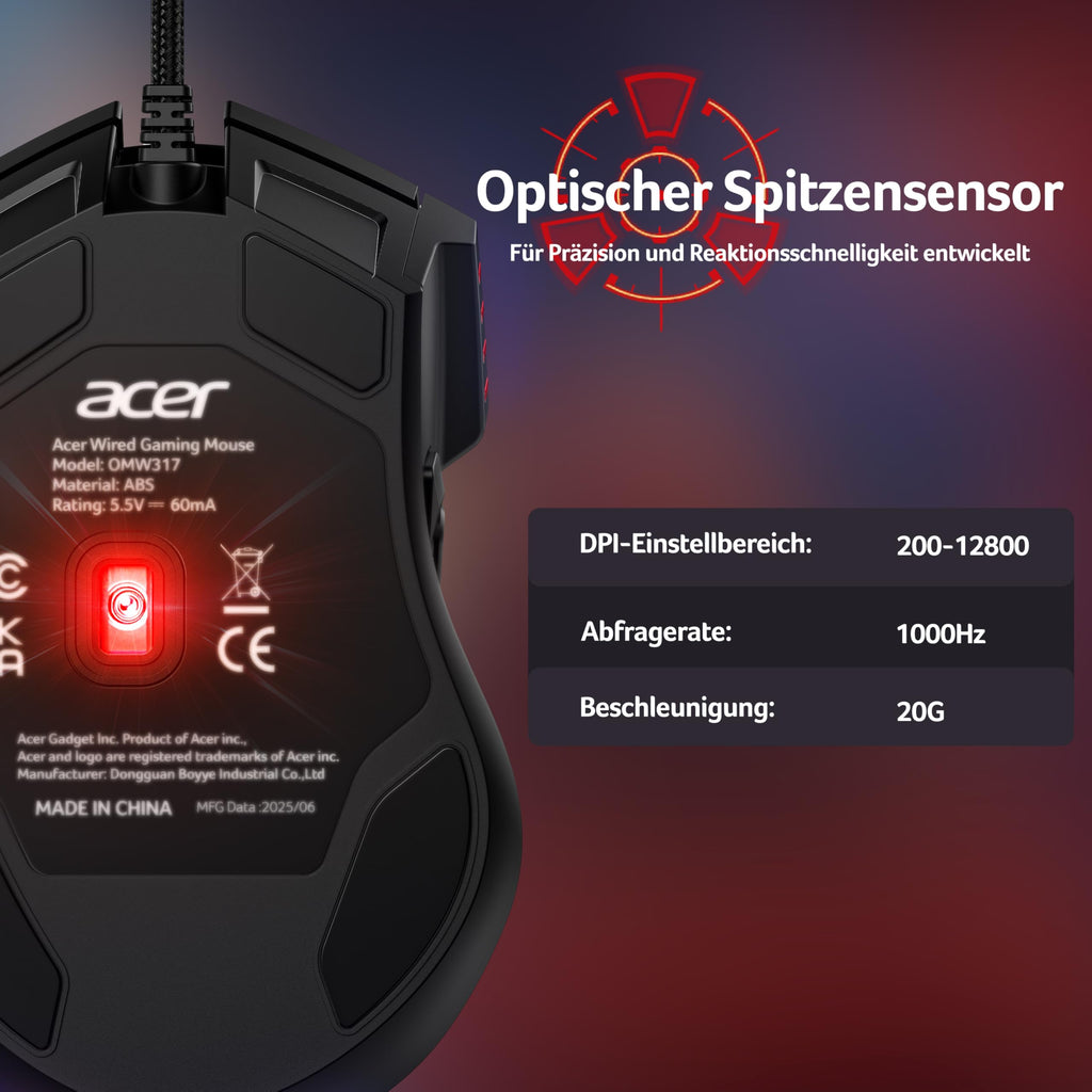 Acer Gaming Maus mit Kabel 12800 DPI, Wired Computer Mouse Gaming mit Treiber, 1000Hz Abfragerate und 8 Programmierbare Tasten, Schnellfeuertaste und RGB-Leuchten, PC Maus Gaming Ideal für PC/Laptop