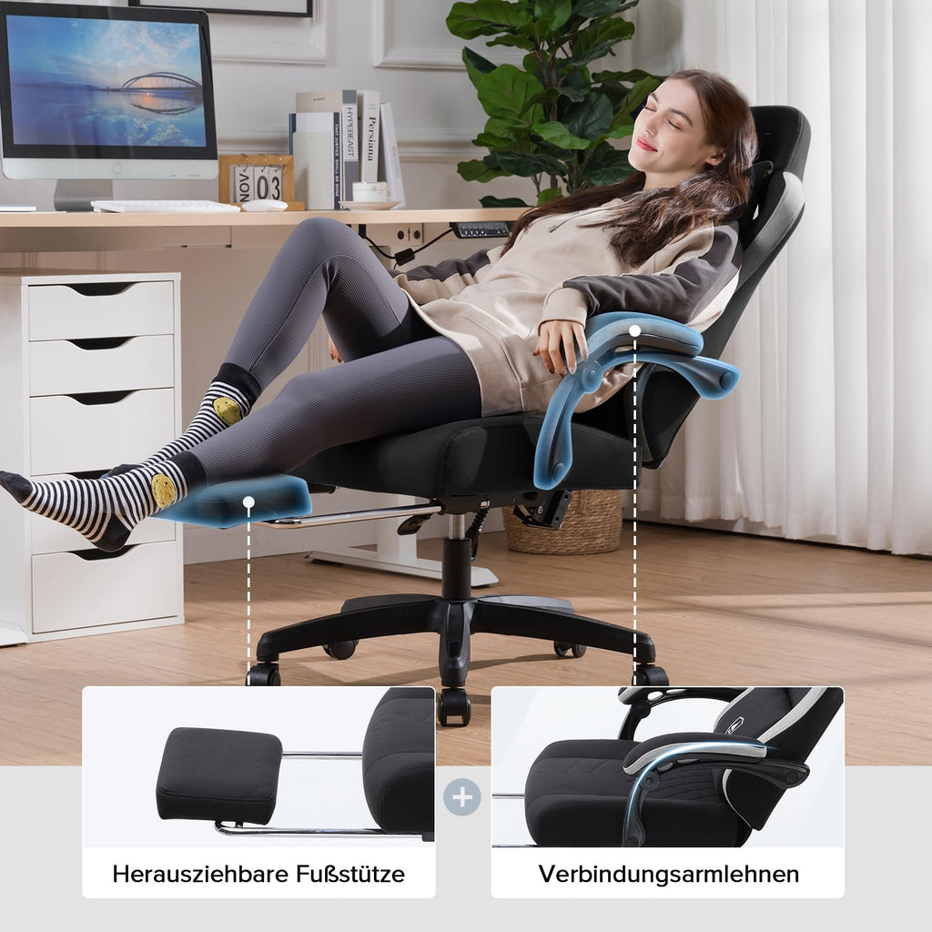 GTPLAYER Gaming Stuhl Ergonomischer Gaming Sessel Schreibtischstuhl mit Stoffoberfläche, Federsitzkissen, Verbindungsarmlehnen und Fußstütze 150KG, hellschwarz