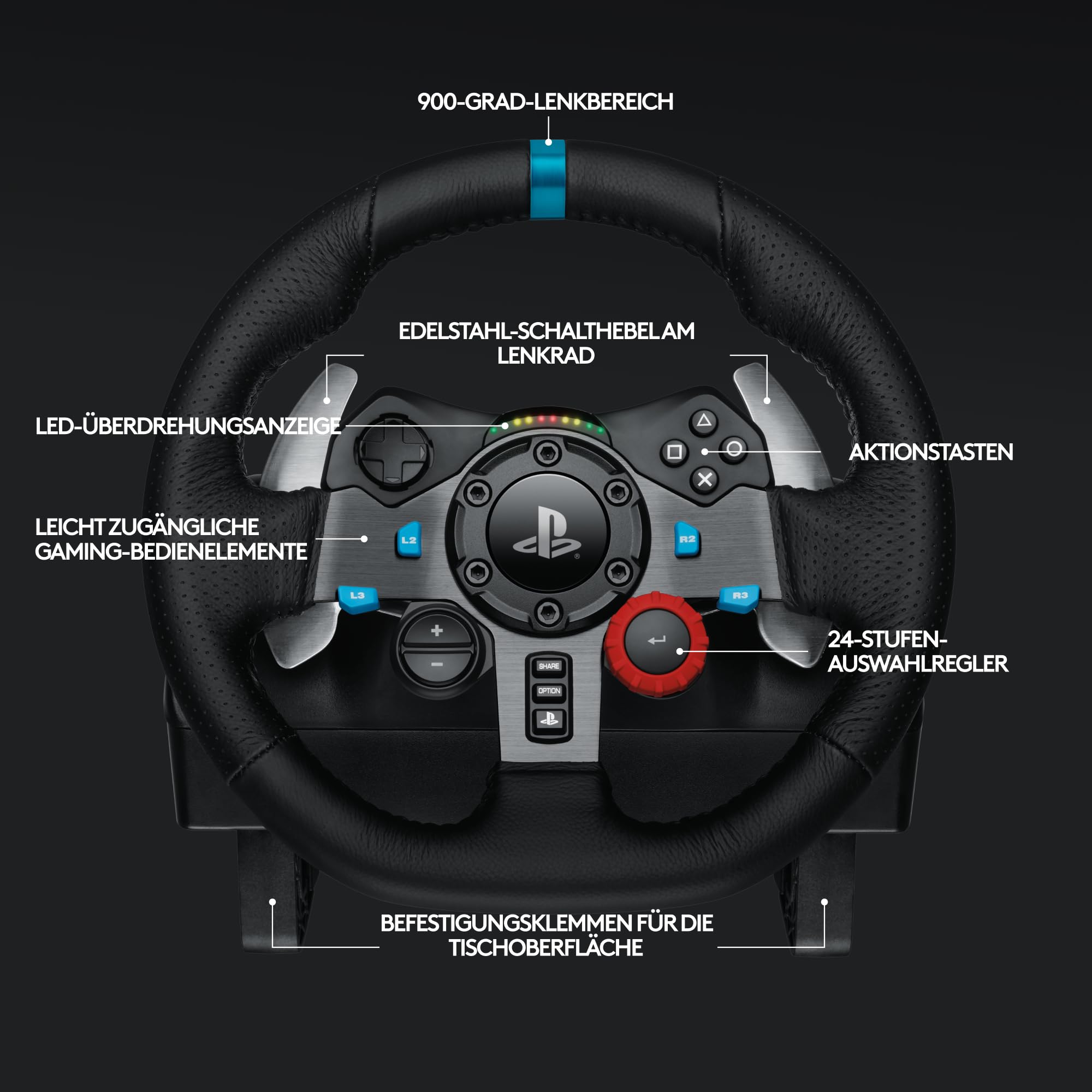 Logitech G29 Driving Force Gaming Rennlenkrad, Zweimotoriges Force Feedback, 900° Lenkbereich, Racing Leder-Lenkrad, Verstellbare Edelstahl Bodenpedale, für PS5, PS4, PC, Mac - Schwarz