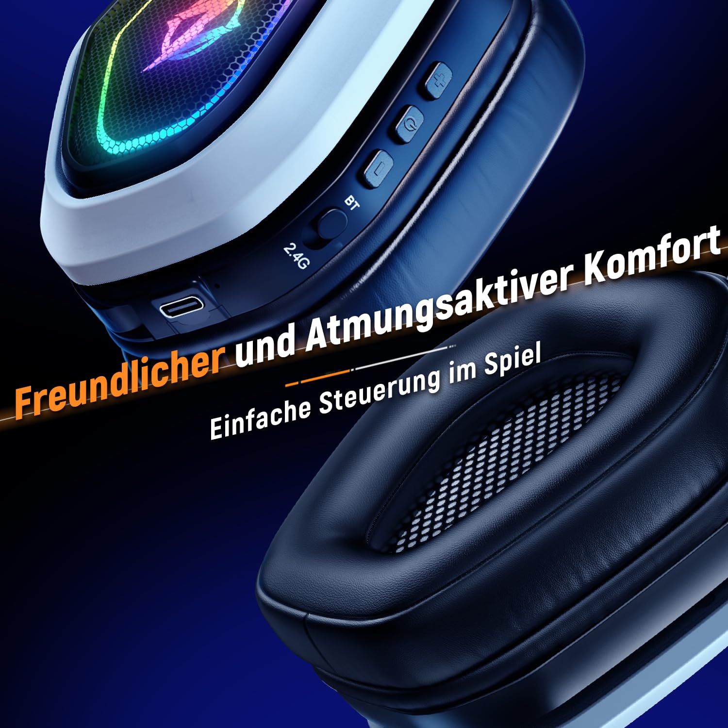 Ozeino OW810 Gaming Headset 40h Akku & Spielen beim Laden, 2.4GHz+BT(≤30ms), 7.1 Surround Sound Wireless Headset Mit Mikrofon für FIFA/CS:GO/Streaming, Kompatibel für PS5/PS4/Switch/Mac, Kristallweiß