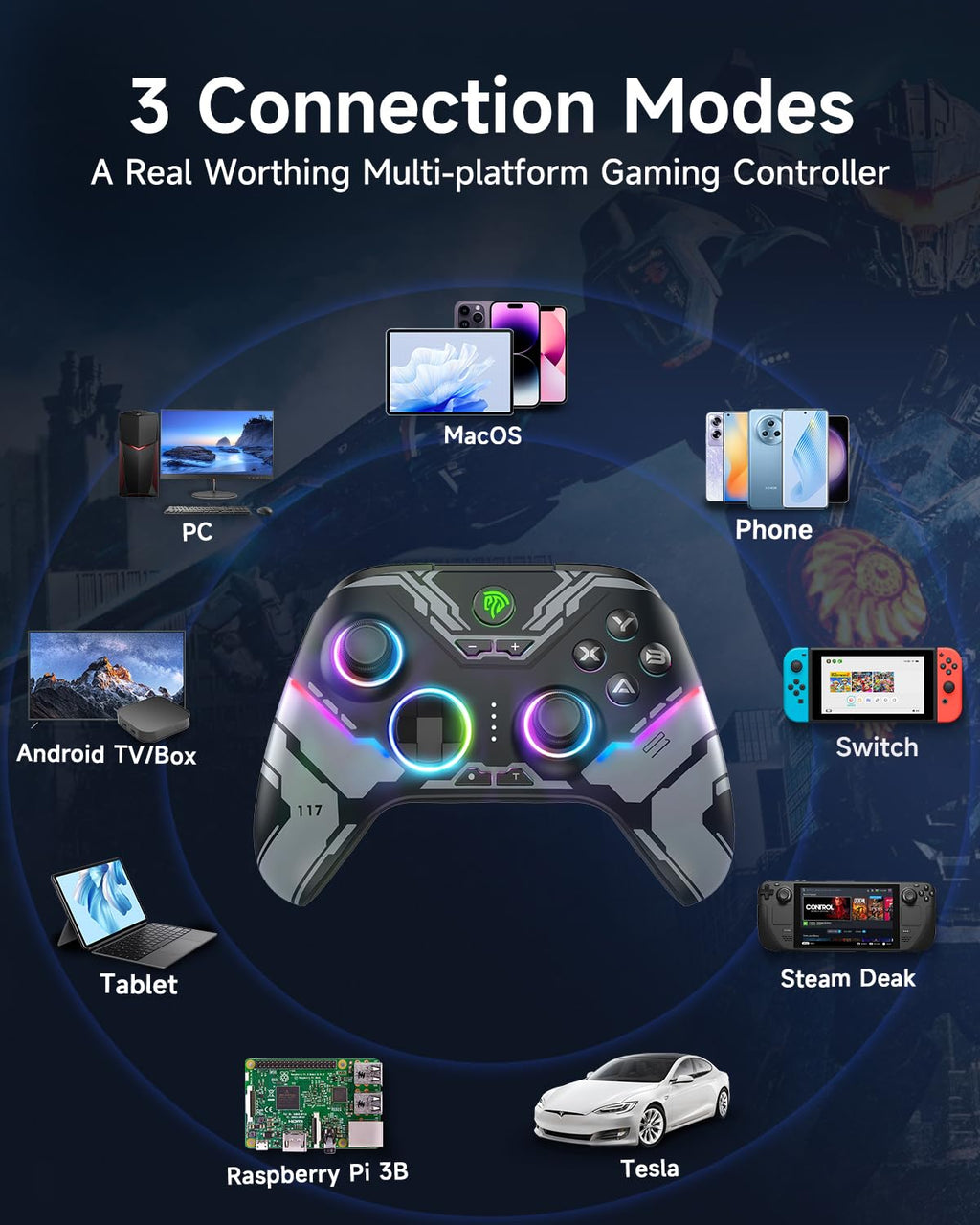 EasySMX X15 PC Controller Wireless mit 7 RGB Licht, Gaming Controller mit Hall Joystick & Trigger, Bluetooth Kompatibel mit PC/Switch/Handy/Tablet - Schwarz