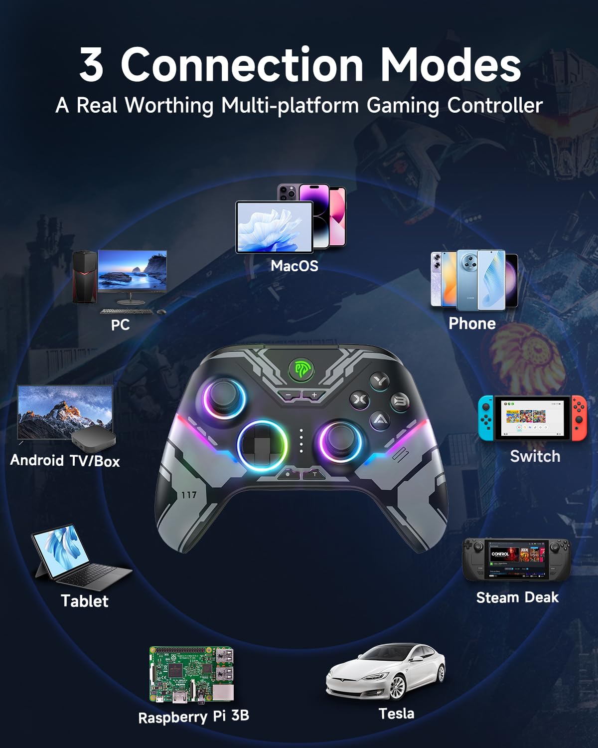 EasySMX X15 PC Controller Wireless mit 7 RGB Licht, Gaming Controller mit Hall Joystick & Trigger, Bluetooth Kompatibel mit PC/Switch/Handy/Tablet - Schwarz