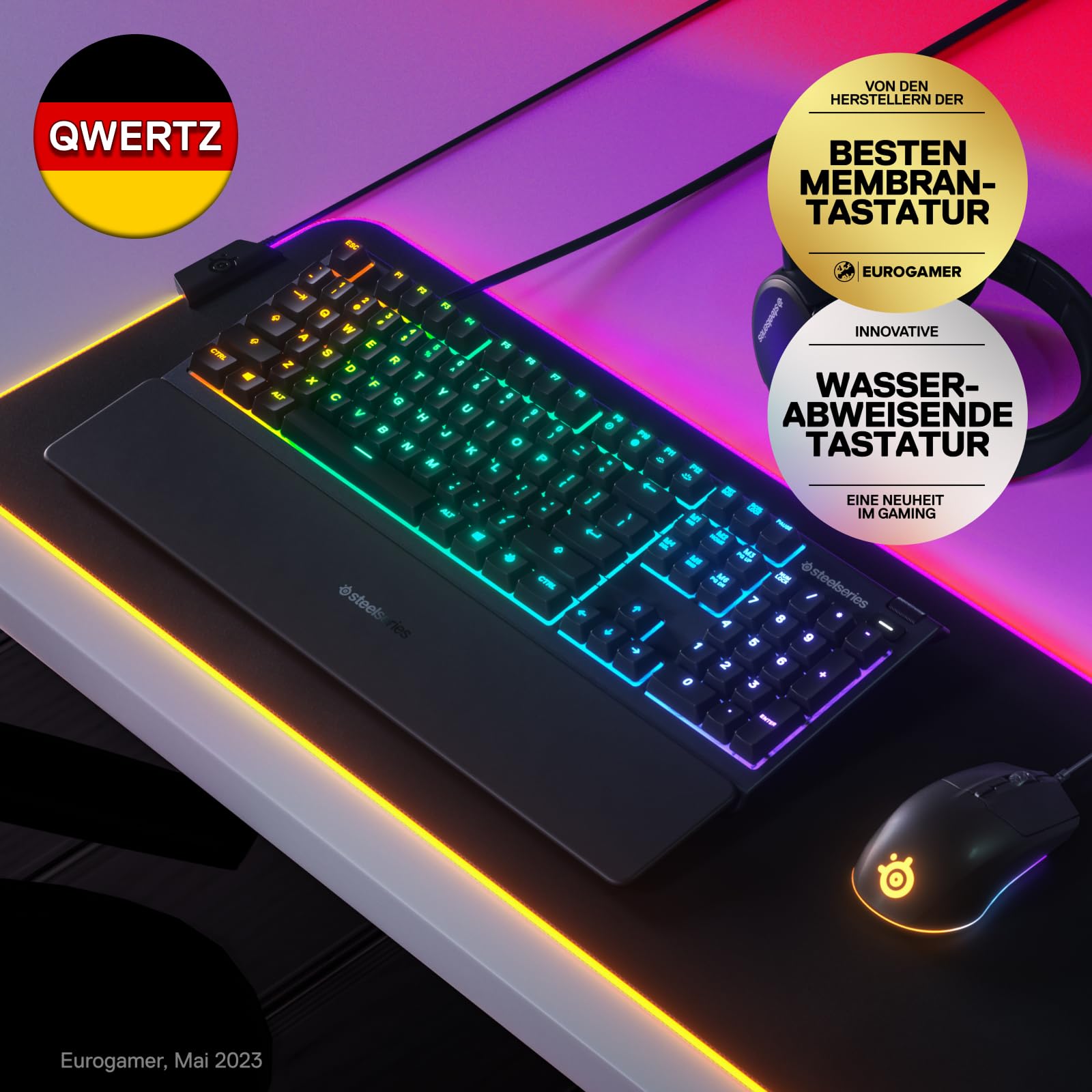 SteelSeries Apex 3 Gaming Tastatur - 10-Zonen RGB-Beleuchtung - Flüsterleise Gaming-Switches - Premium magnetische Handballenauflage - IP32 wassergeschützt - Deutsches (QWERTZ) Layout