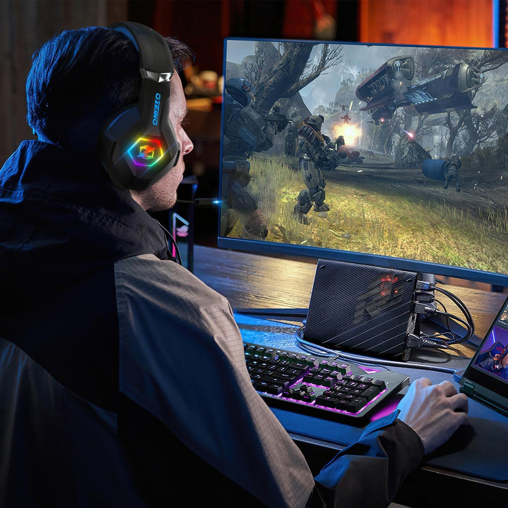 Ozeino Gaming Headset for Xbox Ps4 Ps5 PC, Ps4 Headset with Microphone 3D Surround Sound Headphones Noise Cancelling RGB Lights