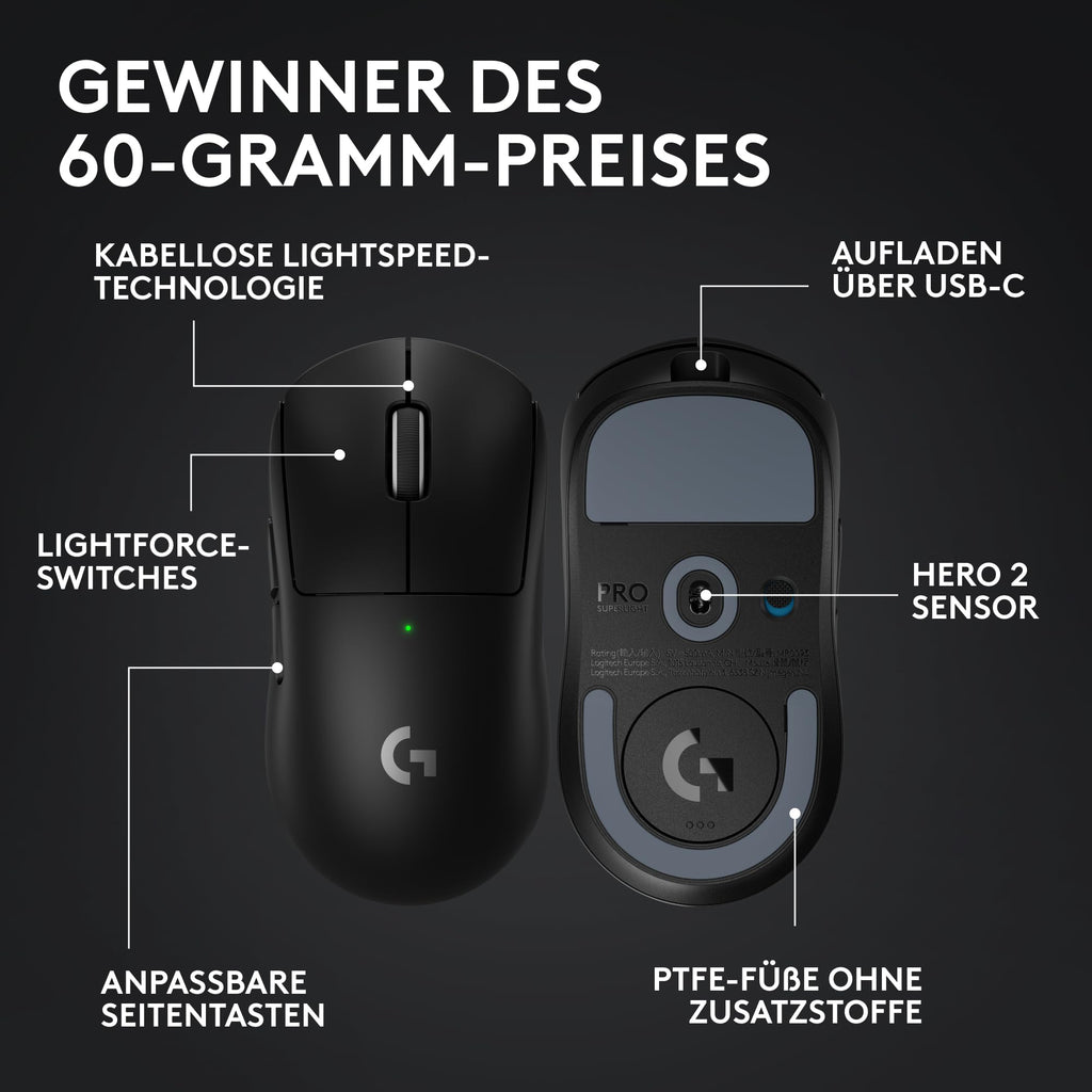 Logitech G PRO X SUPERLIGHT 2 kabellose Gaming-Maus, West Europa Verpackung, 60 g Pro-Grade-Maus 5 programmierbaren Tasten, 44K-DPI-Sensor, 8.000 Hz Signalrate, USB-C-Ladefunktion für PC/Mac - Schwarz