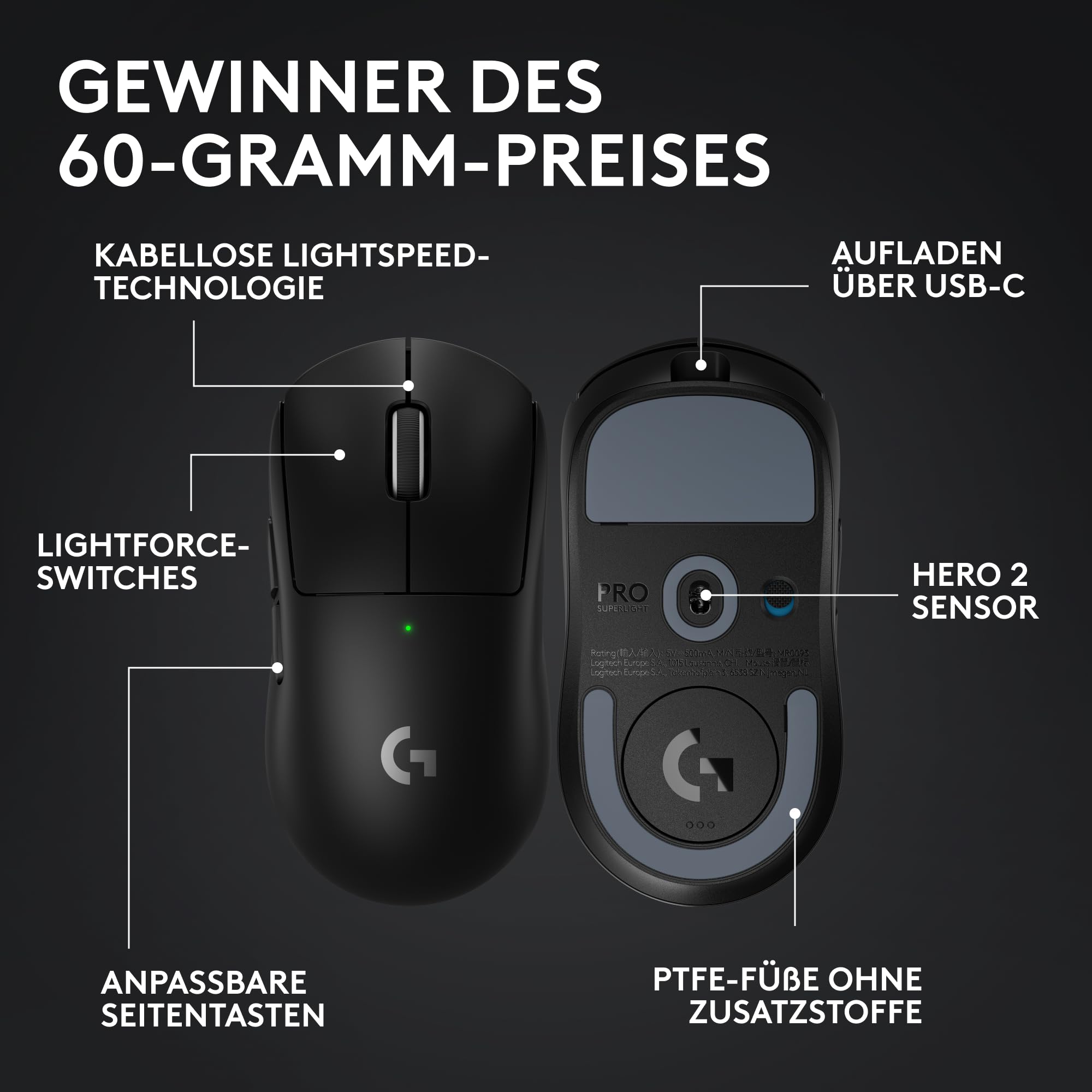Logitech G PRO X SUPERLIGHT 2 kabellose Gaming-Maus, West Europa Verpackung, 60 g Pro-Grade-Maus 5 programmierbaren Tasten, 44K-DPI-Sensor, 8.000 Hz Signalrate, USB-C-Ladefunktion für PC/Mac - Schwarz