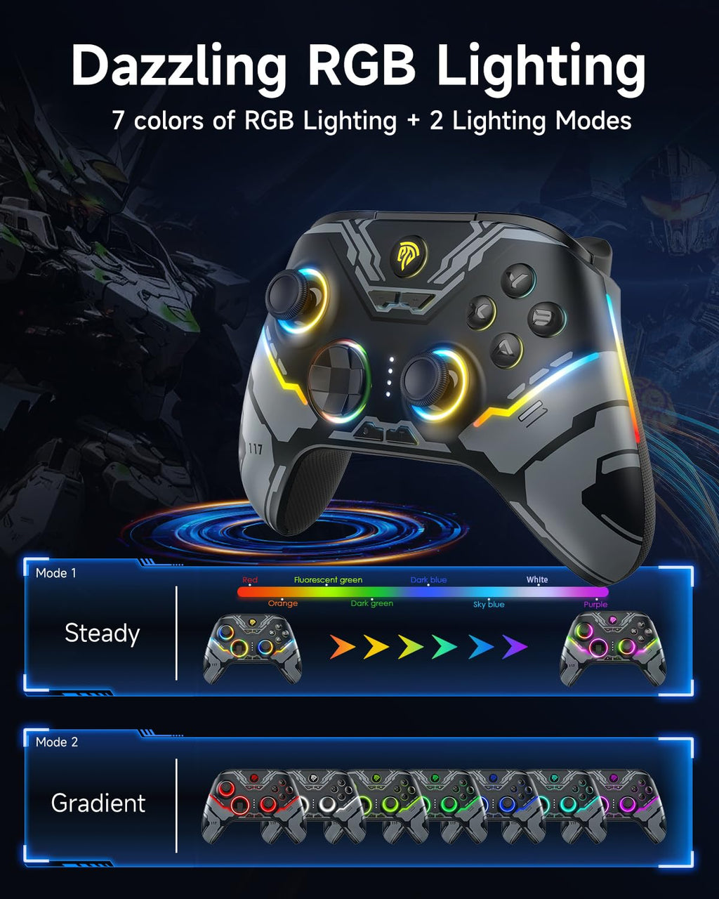 EasySMX X15 PC Controller Wireless mit 7 RGB Licht, Gaming Controller mit Hall Joystick & Trigger, Bluetooth Kompatibel mit PC/Switch/Handy/Tablet - Schwarz