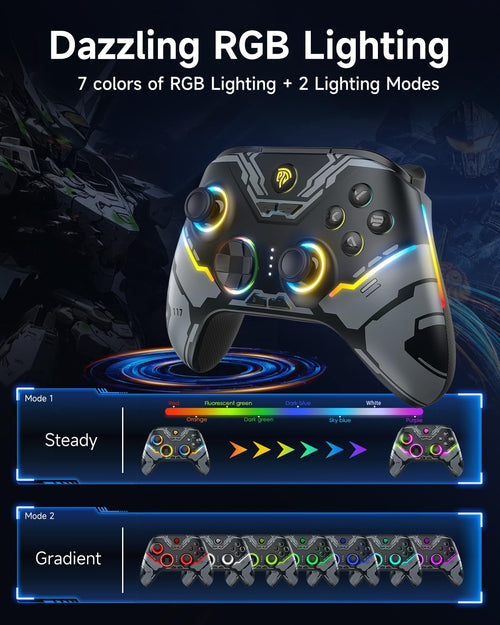 EasySMX X15 PC Controller Wireless mit 7 RGB Licht, Gaming Controller mit Hall Joystick & Trigger, Bluetooth Kompatibel mit PC/Switch/Handy/Tablet - Schwarz