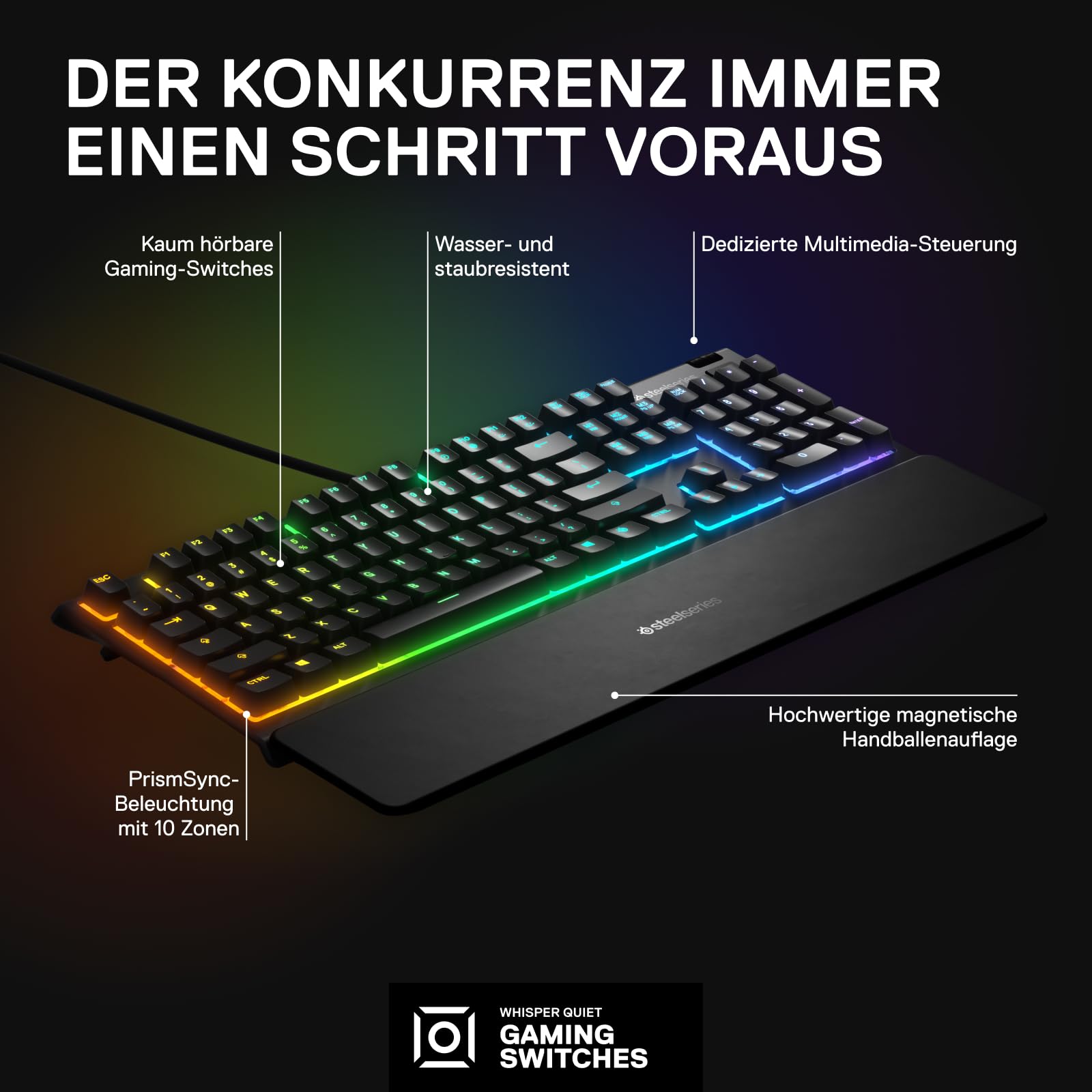 SteelSeries Apex 3 Gaming Tastatur - 10-Zonen RGB-Beleuchtung - Flüsterleise Gaming-Switches - Premium magnetische Handballenauflage - IP32 wassergeschützt - Deutsches (QWERTZ) Layout