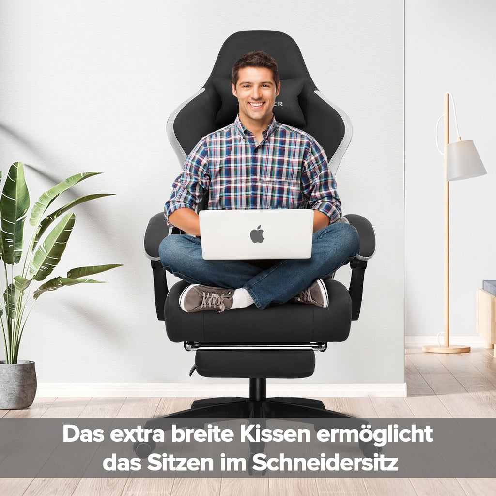 GTPLAYER Gaming Stuhl Ergonomischer Gaming Sessel Schreibtischstuhl mit Stoffoberfläche, Federsitzkissen, Verbindungsarmlehnen und Fußstütze 150KG, hellschwarz