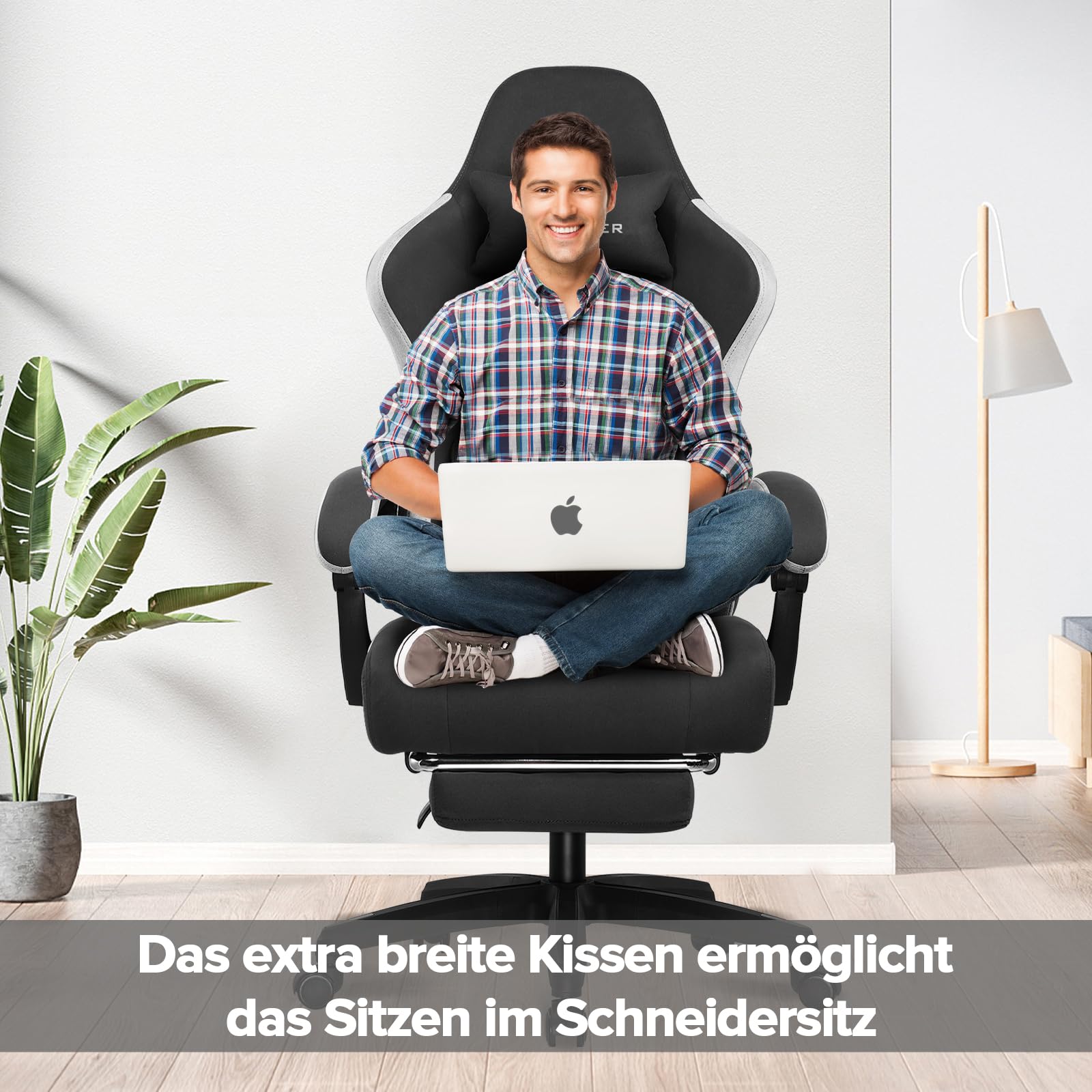 GTPLAYER Gaming Stuhl Ergonomischer Gaming Sessel Schreibtischstuhl mit Stoffoberfläche, Federsitzkissen, Verbindungsarmlehnen und Fußstütze 150KG, hellschwarz