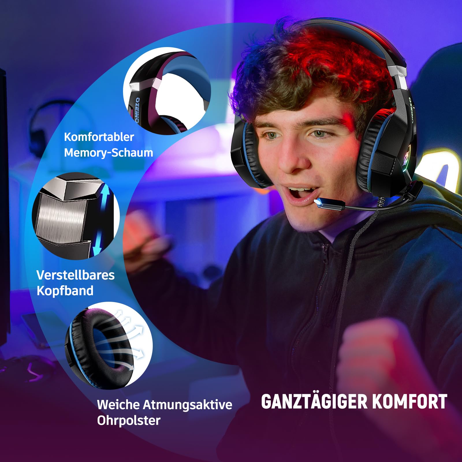 Ozeino Gaming Headset for Xbox Ps4 Ps5 PC, Ps4 Headset with Microphone 3D Surround Sound Headphones Noise Cancelling RGB Lights