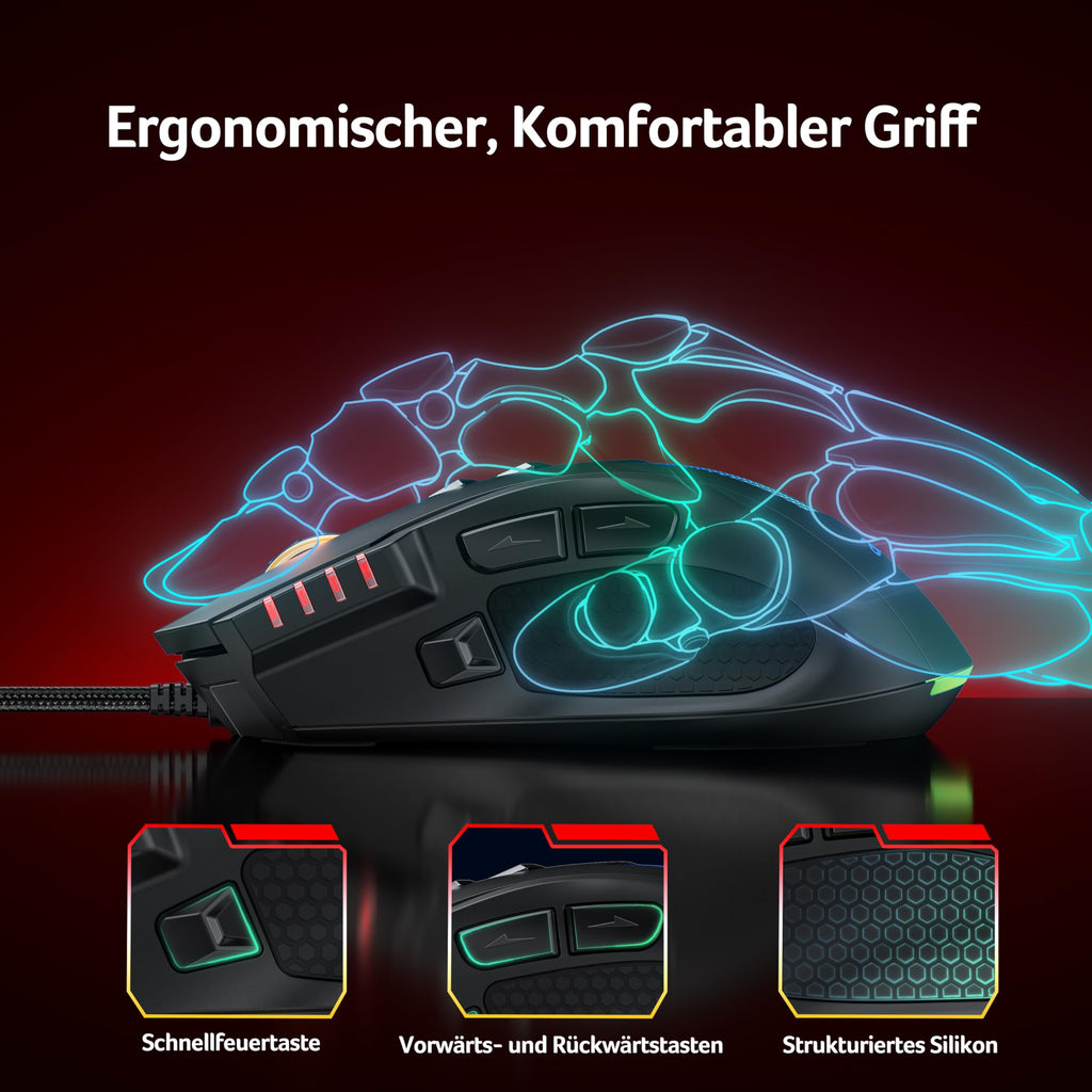 Acer Gaming Maus mit Kabel 12800 DPI, Wired Computer Mouse Gaming mit Treiber, 1000Hz Abfragerate und 8 Programmierbare Tasten, Schnellfeuertaste und RGB-Leuchten, PC Maus Gaming Ideal für PC/Laptop