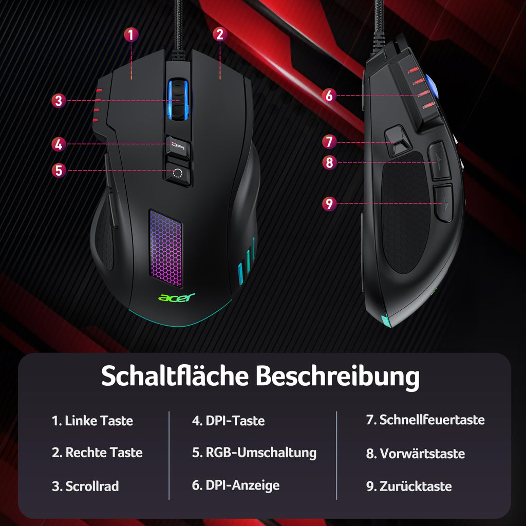 Acer Gaming Maus mit Kabel 12800 DPI, Wired Computer Mouse Gaming mit Treiber, 1000Hz Abfragerate und 8 Programmierbare Tasten, Schnellfeuertaste und RGB-Leuchten, PC Maus Gaming Ideal für PC/Laptop