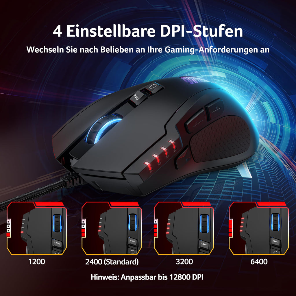 Acer Gaming Maus mit Kabel 12800 DPI, Wired Computer Mouse Gaming mit Treiber, 1000Hz Abfragerate und 8 Programmierbare Tasten, Schnellfeuertaste und RGB-Leuchten, PC Maus Gaming Ideal für PC/Laptop