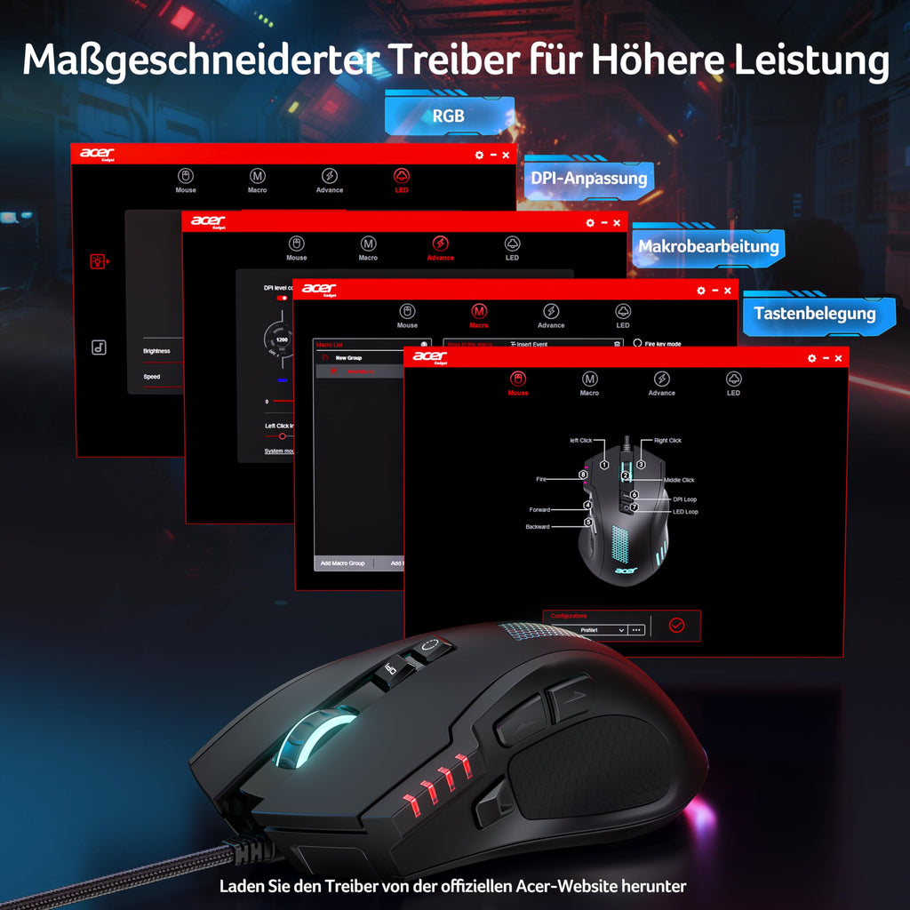 Acer Gaming Maus mit Kabel 12800 DPI, Wired Computer Mouse Gaming mit Treiber, 1000Hz Abfragerate und 8 Programmierbare Tasten, Schnellfeuertaste und RGB-Leuchten, PC Maus Gaming Ideal für PC/Laptop