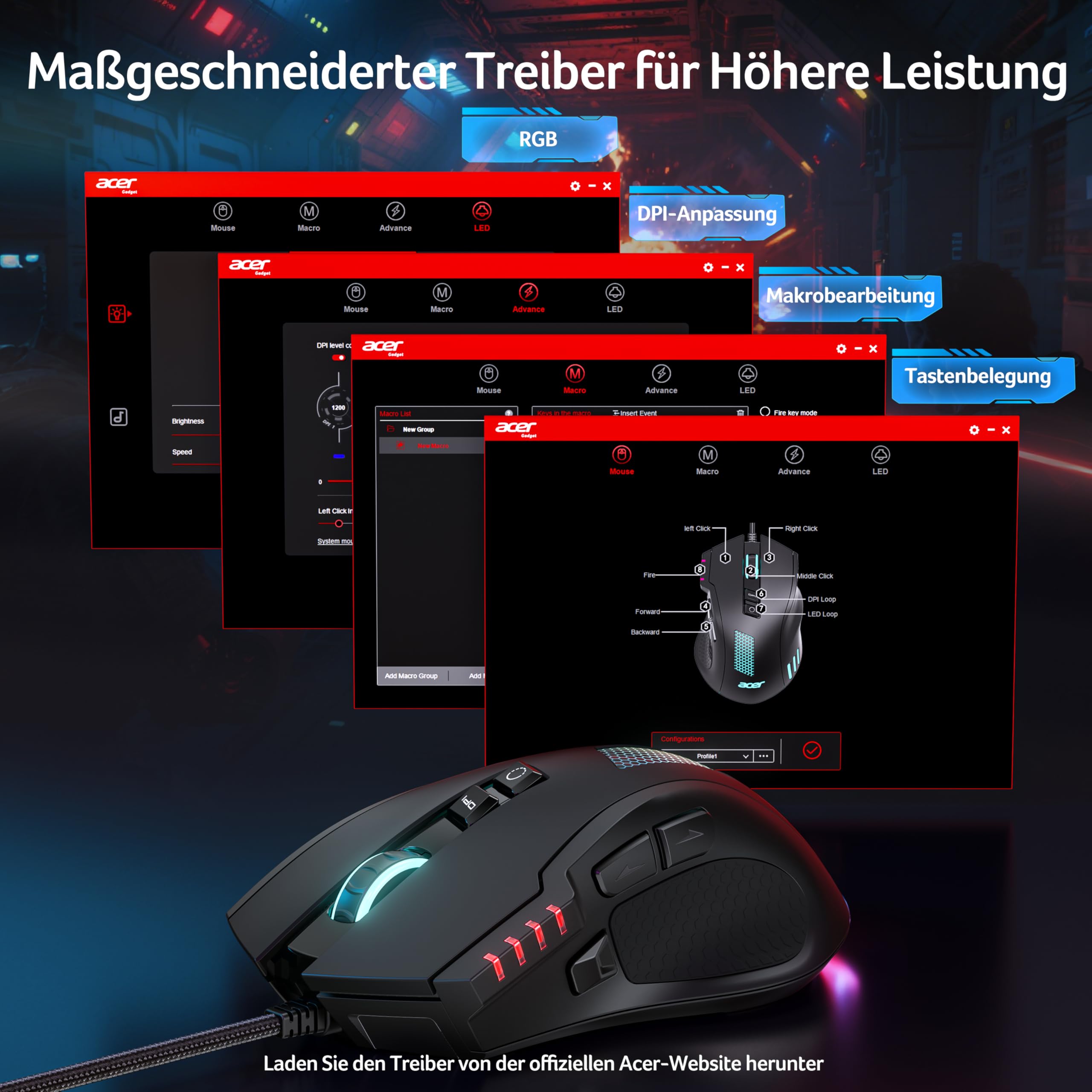 Acer Gaming Maus mit Kabel 12800 DPI, Wired Computer Mouse Gaming mit Treiber, 1000Hz Abfragerate und 8 Programmierbare Tasten, Schnellfeuertaste und RGB-Leuchten, PC Maus Gaming Ideal für PC/Laptop