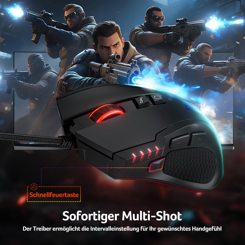 Acer Gaming Maus mit Kabel 12800 DPI, Wired Computer Mouse Gaming mit Treiber, 1000Hz Abfragerate und 8 Programmierbare Tasten, Schnellfeuertaste und RGB-Leuchten, PC Maus Gaming Ideal für PC/Laptop