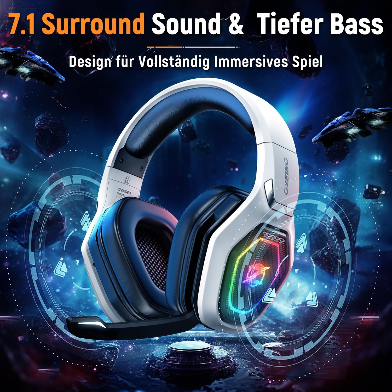 Ozeino OW810 Gaming Headset 40h Akku & Spielen beim Laden, 2.4GHz+BT(≤30ms), 7.1 Surround Sound Wireless Headset Mit Mikrofon für FIFA/CS:GO/Streaming, Kompatibel für PS5/PS4/Switch/Mac, Kristallweiß