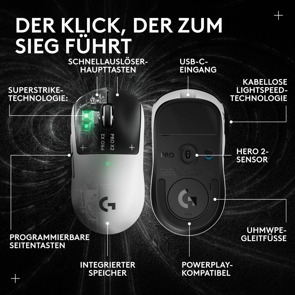 Logitech G PRO X2 SUPERSTRIKE Lightspeed kabellose Gaming-Maus, super schnell, äußerst leicht (61 g), anpassbare klick-Haptik, USB-C-Aufladung, für PC/Mac/Laptop - Weiß