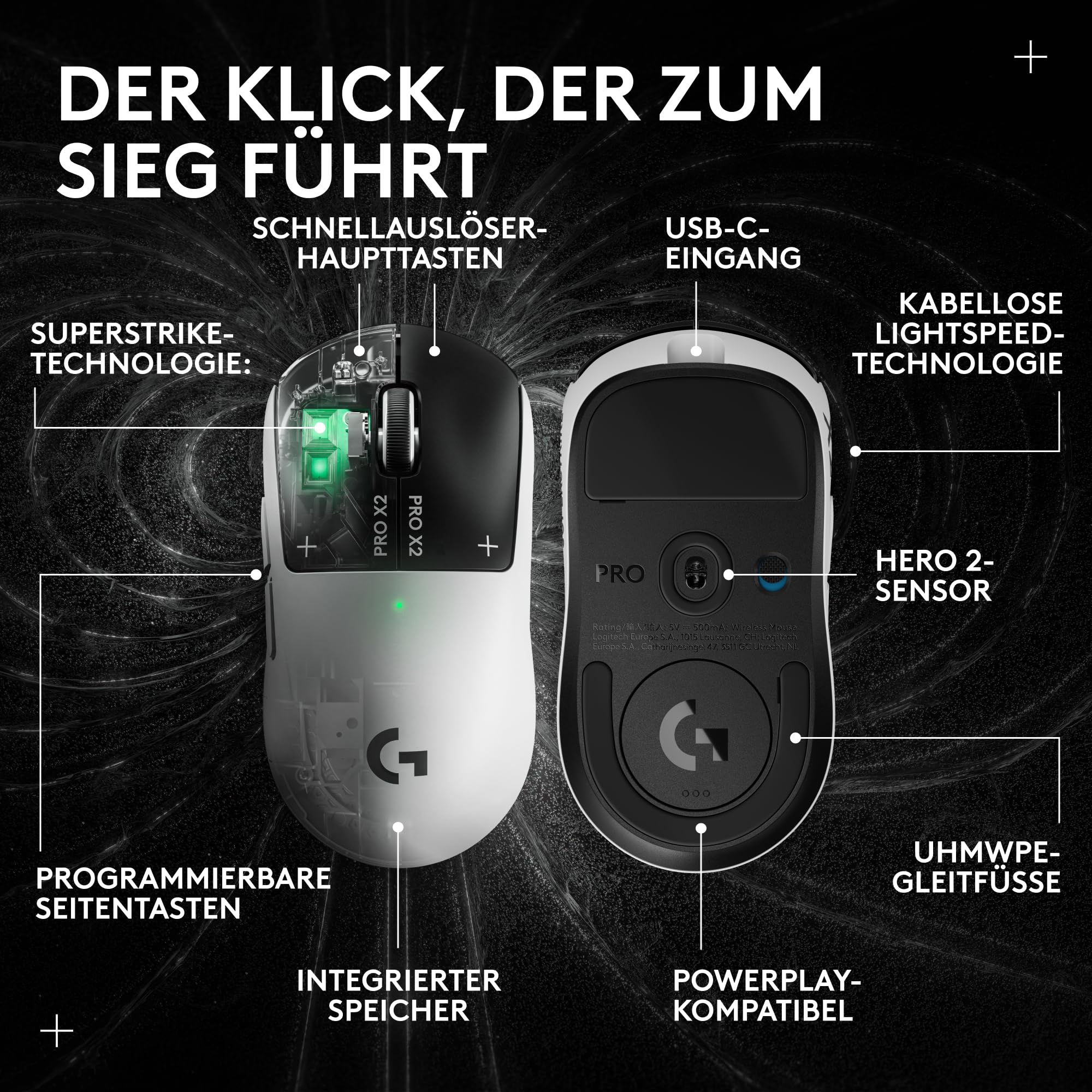 Logitech G PRO X2 SUPERSTRIKE Lightspeed kabellose Gaming-Maus, super schnell, äußerst leicht (61 g), anpassbare klick-Haptik, USB-C-Aufladung, für PC/Mac/Laptop - Weiß