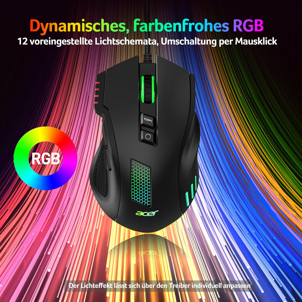 Acer Gaming Maus mit Kabel 12800 DPI, Wired Computer Mouse Gaming mit Treiber, 1000Hz Abfragerate und 8 Programmierbare Tasten, Schnellfeuertaste und RGB-Leuchten, PC Maus Gaming Ideal für PC/Laptop